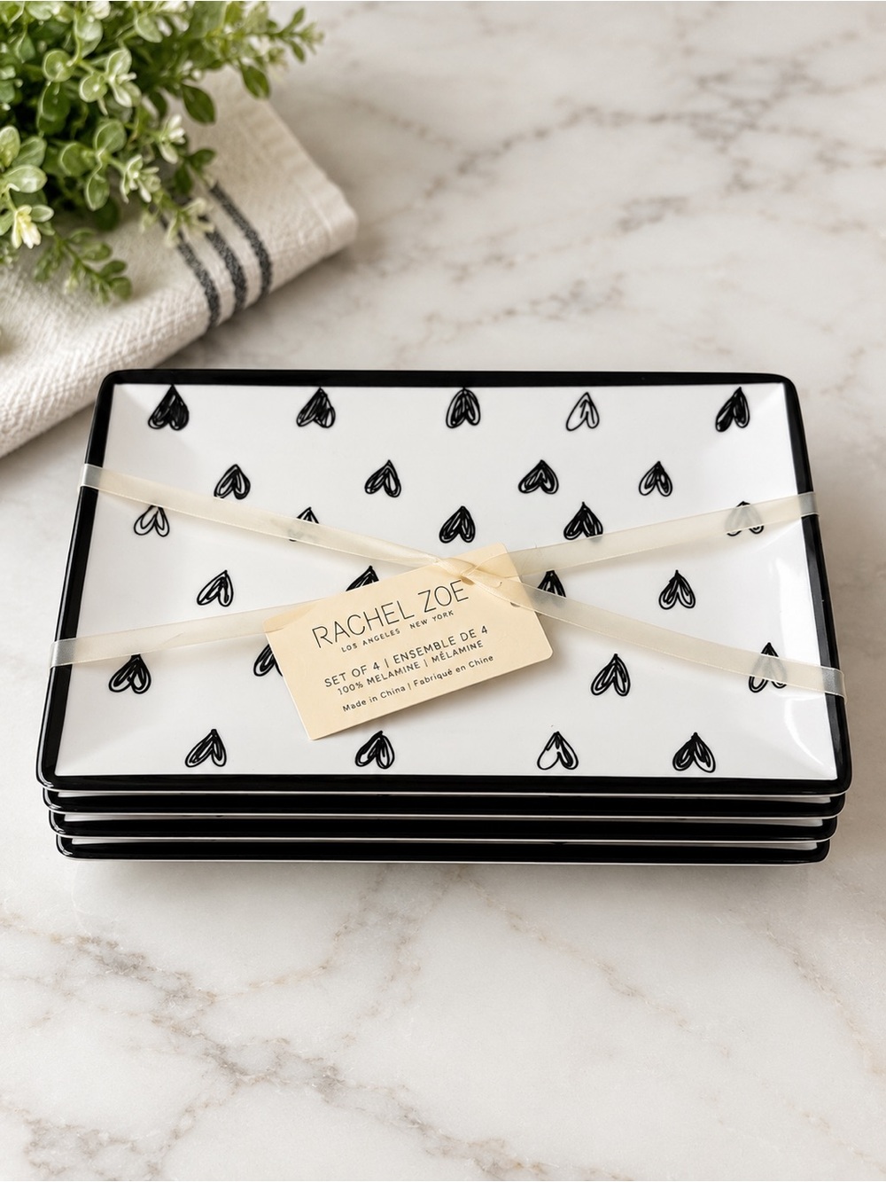 Rachel Zoe Black & White Heart Motif Rectangular Plate Set